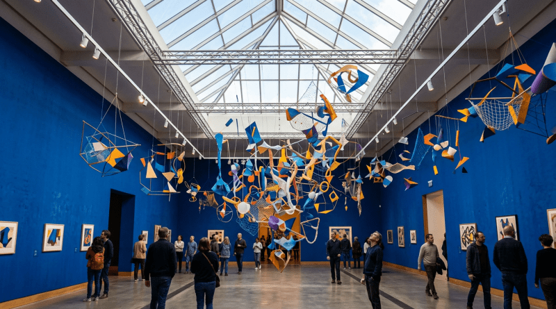 Gallery with hanging abstract sculptures and people viewing art