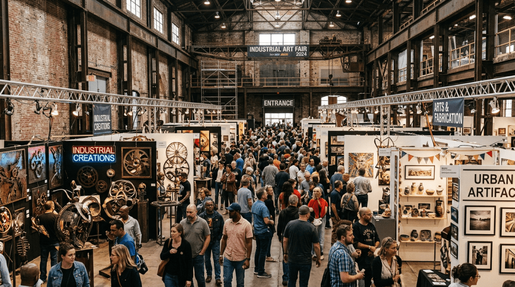 Crowd viewing industrial and urban-themed artworks inside a large warehouse