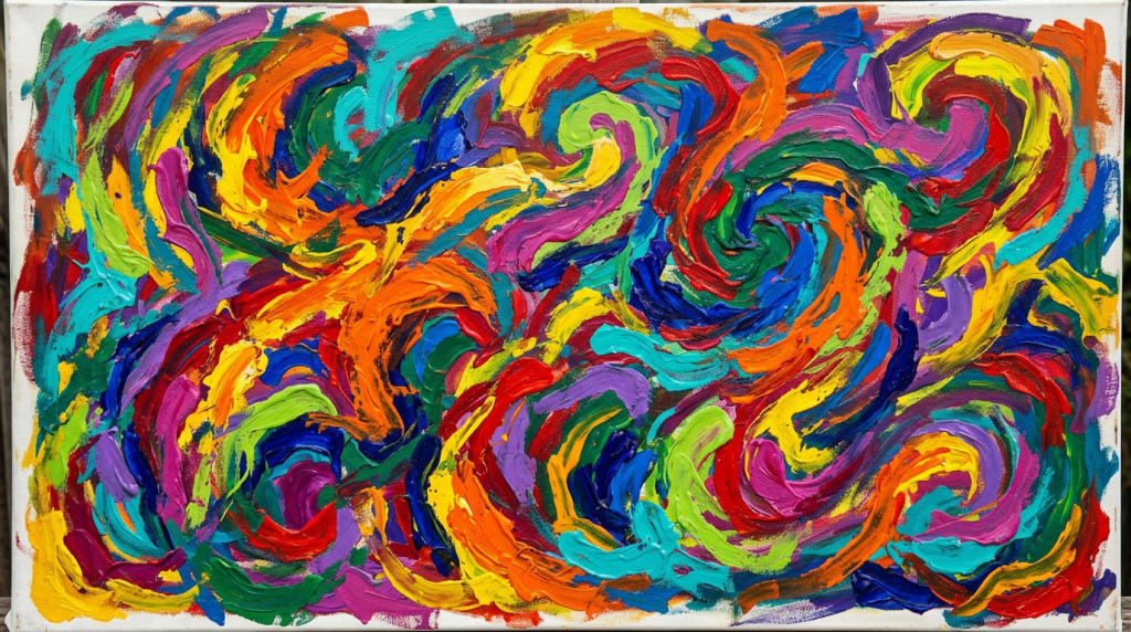 Abstract painting with vivid swirling brushstrokes in colors like orange, blue, yellow, green, purple, and red