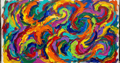 Abstract painting with vivid swirling brushstrokes in colors like orange, blue, yellow, green, purple, and red