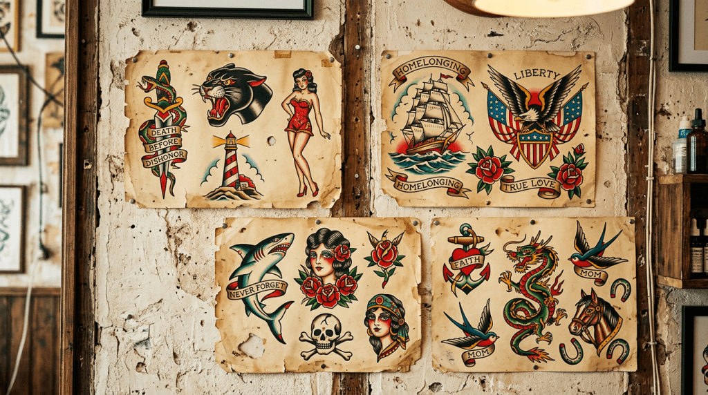 Vintage tattoo flash sheets featuring classic designs like panther, lighthouse, pin-up girl, eagle, ship, shark, skull, dragon, and horseshoe