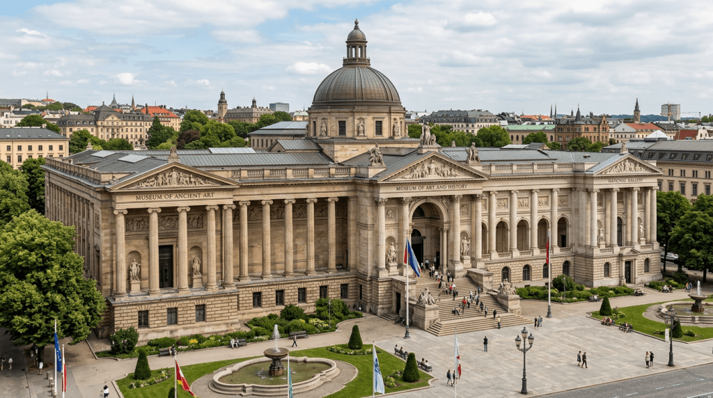 Large neoclassical museum building with columns, a dome, and visitors entering