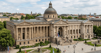 Large neoclassical museum building with columns, a dome, and visitors entering