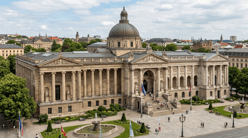 Large neoclassical museum building with columns, a dome, and visitors entering