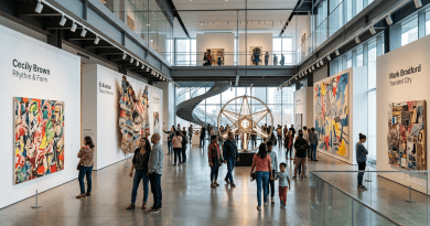 Visitors viewing contemporary art pieces in a bright modern gallery space