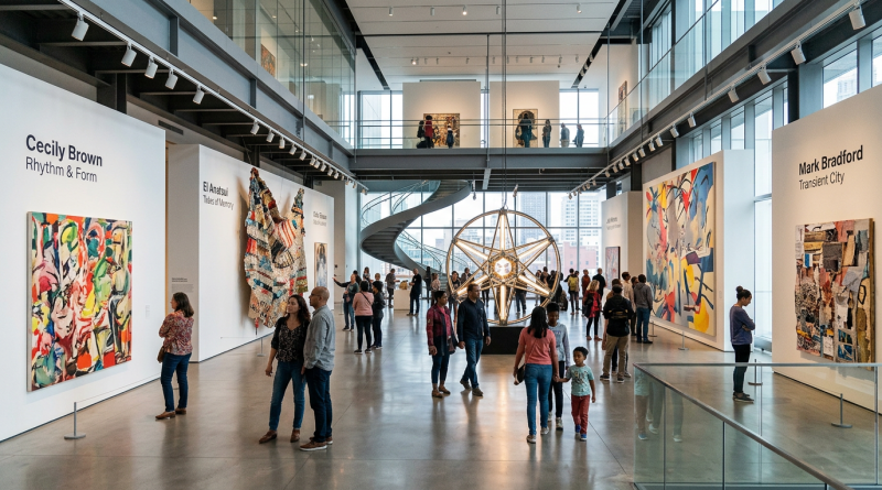 Visitors viewing contemporary art pieces in a bright modern gallery space