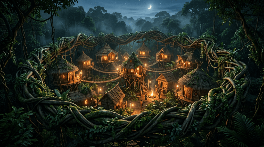 Nighttime village of connected treehouses surrounded by dense jungle with glowing lights and people around a fire