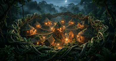 Nighttime village of connected treehouses surrounded by dense jungle with glowing lights and people around a fire