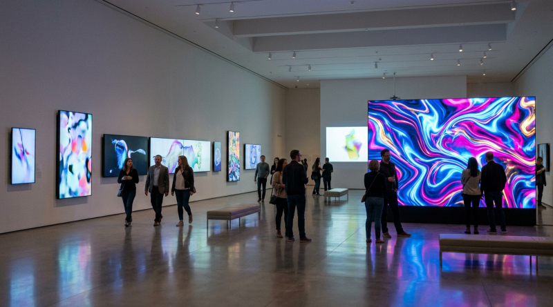 High-end gallery with large digital art screens