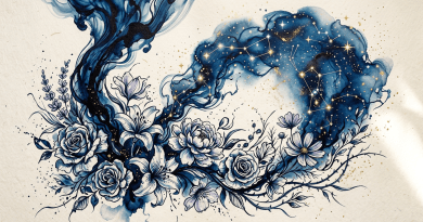 Blue watercolor flowers transitioning into a galaxy with constellations