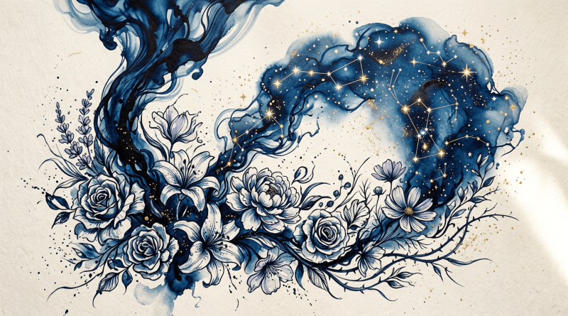 Blue watercolor flowers transitioning into a galaxy with constellations