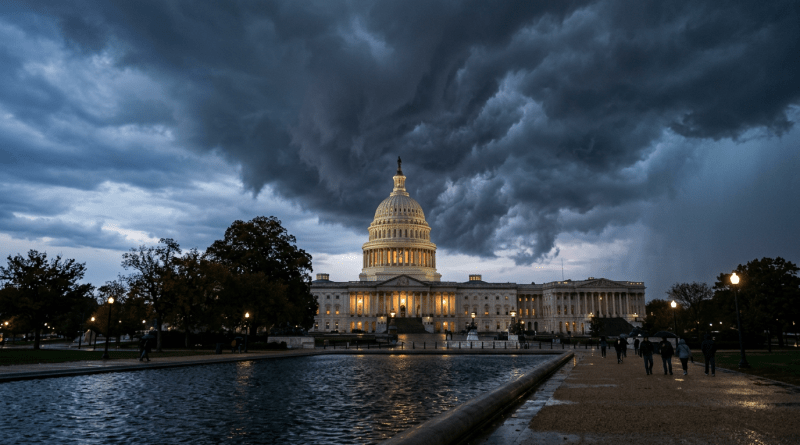 US Capitol building lit from inside under dark, swirling storm clouds at dusk