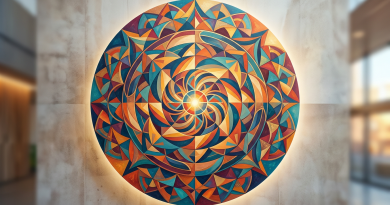 Circular geometric mandala with interlocking colorful patterns and central light