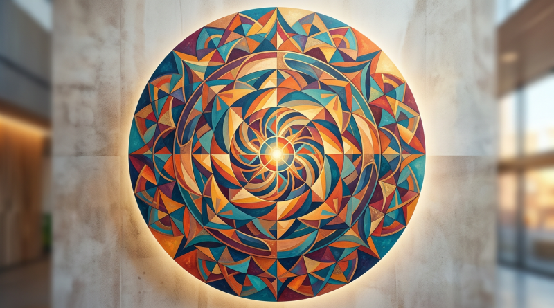 Circular geometric mandala with interlocking colorful patterns and central light