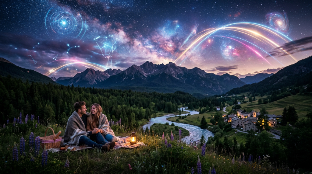 Couple sitting on a blanket wrapped in a blanket during a picnic, with a glowing lantern nearby, overlooking a river and village under a starry sky with colorful cosmic trails and constellations.