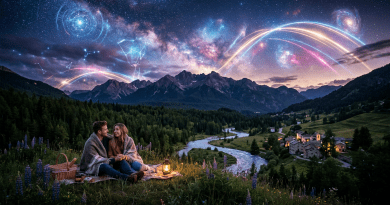 Couple sitting on a blanket wrapped in a blanket during a picnic, with a glowing lantern nearby, overlooking a river and village under a starry sky with colorful cosmic trails and constellations.