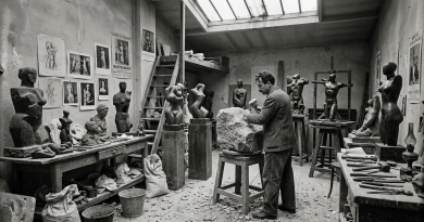 Artist carving stone sculpture surrounded by figurative sculptures and tools in studio