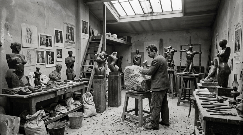 Artist carving stone sculpture surrounded by figurative sculptures and tools in studio