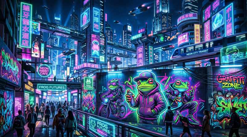 Neon-lit city street with futuristic frog-themed graffiti and cyberpunk elements