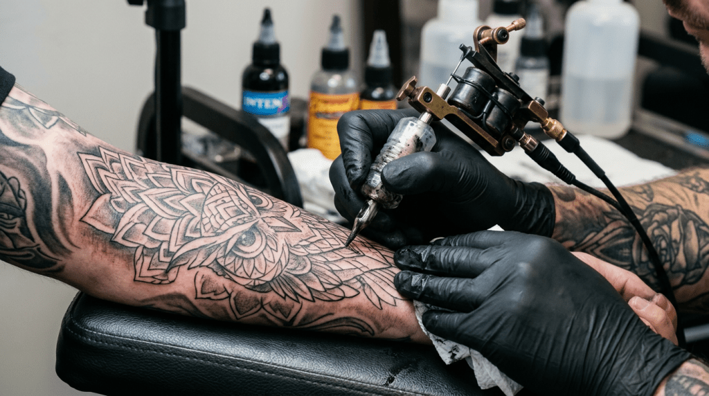Tattoo artist using machine to ink a detailed owl tattoo on arm