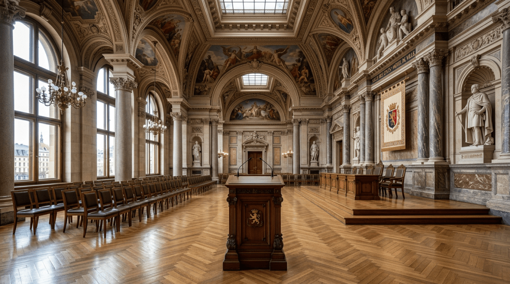 Ornate city council chamber with wooden podium, rows of chairs, marble columns, and statues