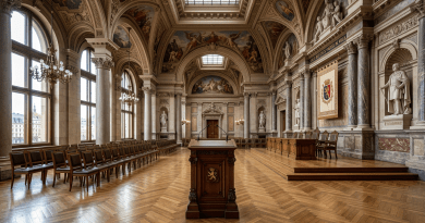 Ornate city council chamber with wooden podium, rows of chairs, marble columns, and statues