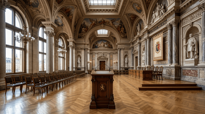 Ornate city council chamber with wooden podium, rows of chairs, marble columns, and statues