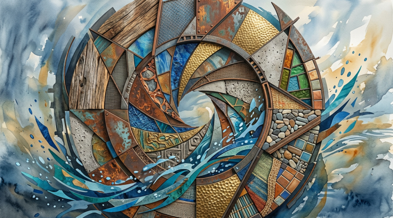 Abstract spiral pattern featuring mosaic textures and dynamic water splashes