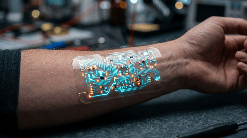 Electronic circuit patch with glowing blue and orange lights on forearm