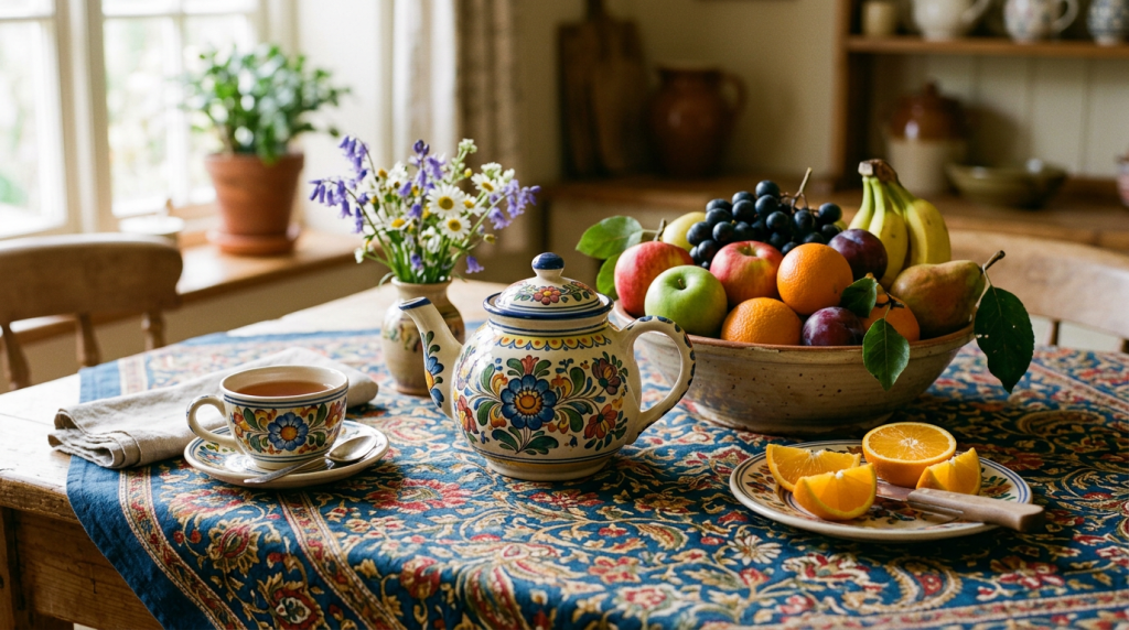 Table with floral teapot and cup, fresh fruit bowl, sliced oranges on patterned tablecloth