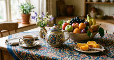 Table with floral teapot and cup, fresh fruit bowl, sliced oranges on patterned tablecloth