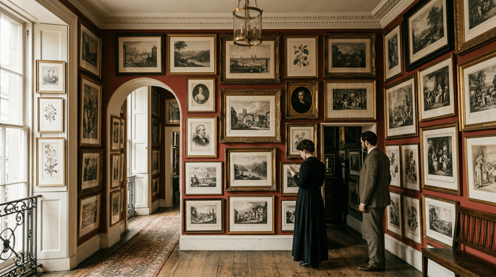 Gallery walls covered with framed vintage prints and paintings and two people observing them