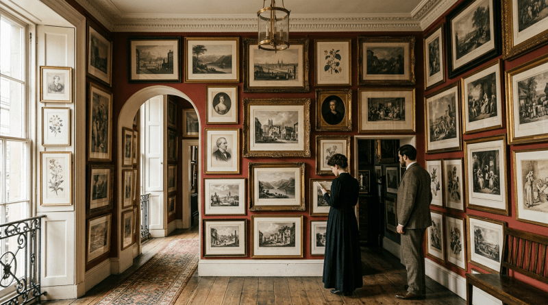 Gallery walls covered with framed vintage prints and paintings and two people observing them