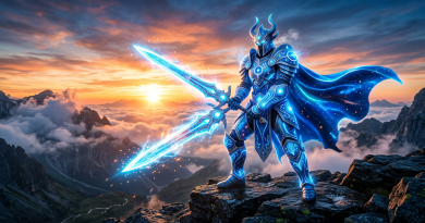 Knight in glowing blue armor holding a magical double-bladed energy sword on a rocky mountain at sunset