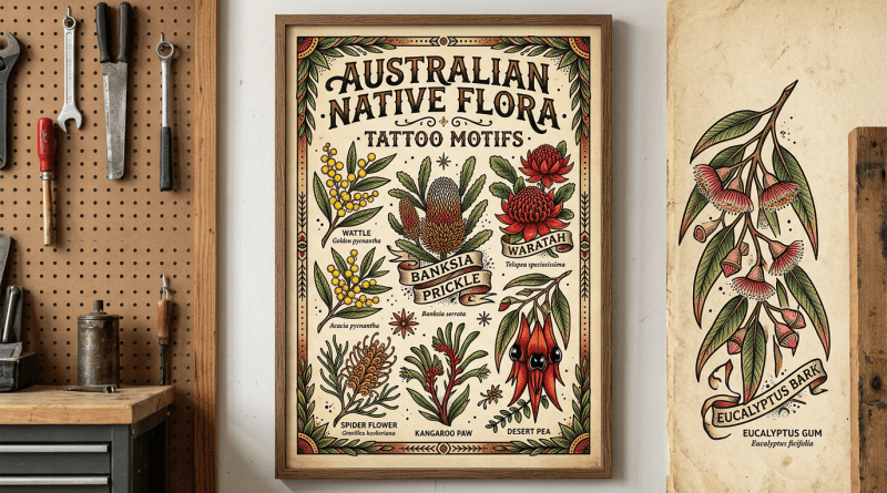 Illustrations of Australian native flowers including wattle, banksia, waratah, spider flower, kangaroo paw, and desert pea labeled with names