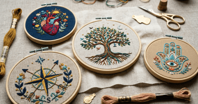Four embroidery hoops displaying an anatomical heart, a tree with roots, a compass rose, and a Hamsa hand with an eye