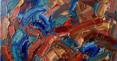 Abstract painting with thick brushstrokes in blue, red, and brown hues