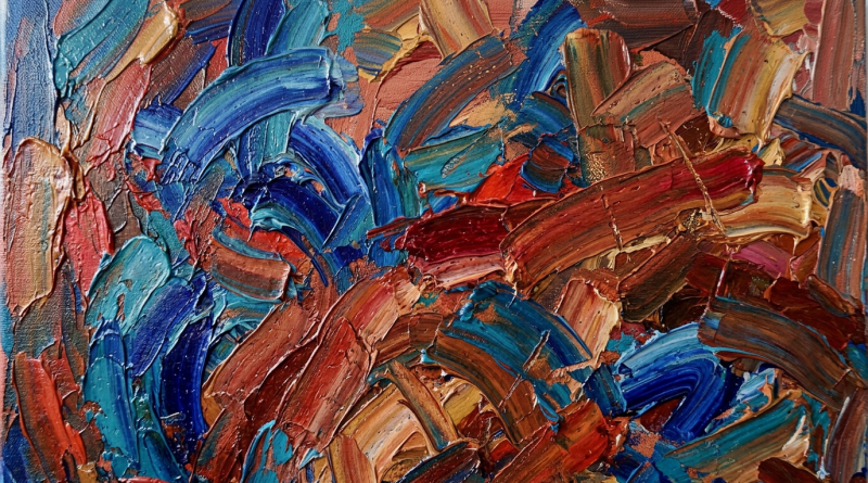 Abstract painting with thick brushstrokes in blue, red, and brown hues