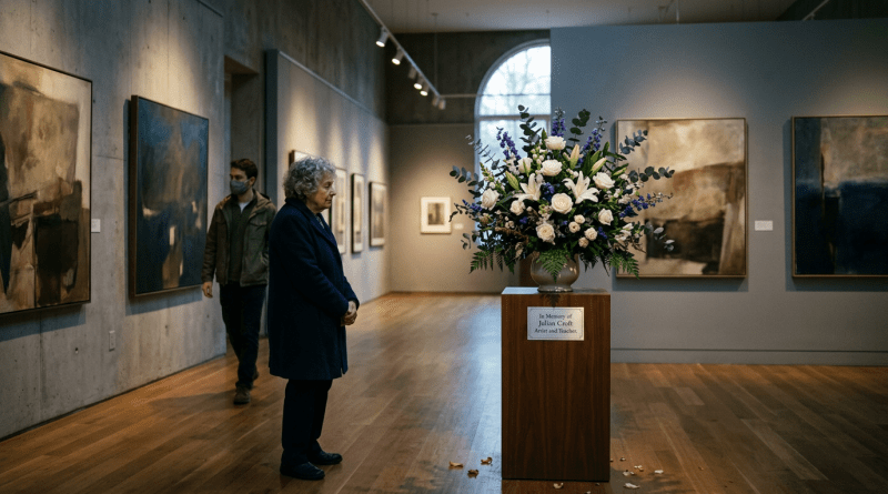 Floral tribute in memory of artist Julian Croft displayed on pedestal in art gallery
