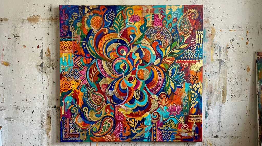 Abstract painting with vibrant floral and paisley patterns in rich colors