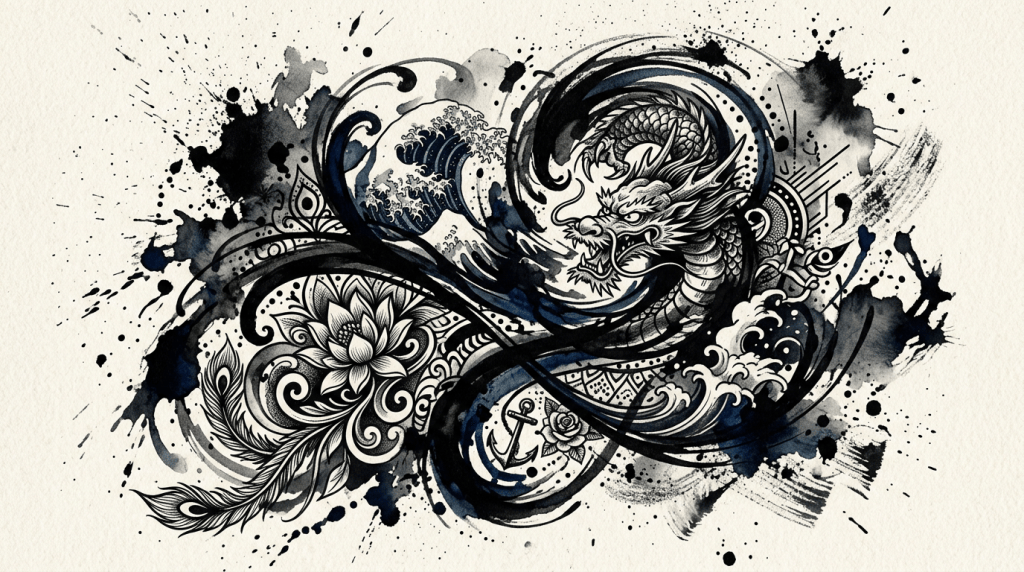 Black and white tattoo art with dragon, lotus flower, ocean waves, and anchor