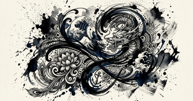 Black and white tattoo art with dragon, lotus flower, ocean waves, and anchor