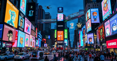 Times Square filled with crowds and digital billboards displaying various NFT art