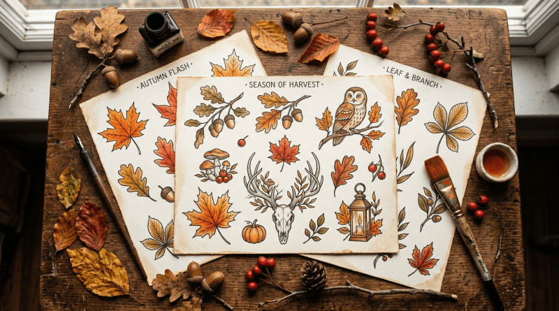 Illustrations of autumn leaves, acorns, owl, pumpkin, and lantern on aged paper