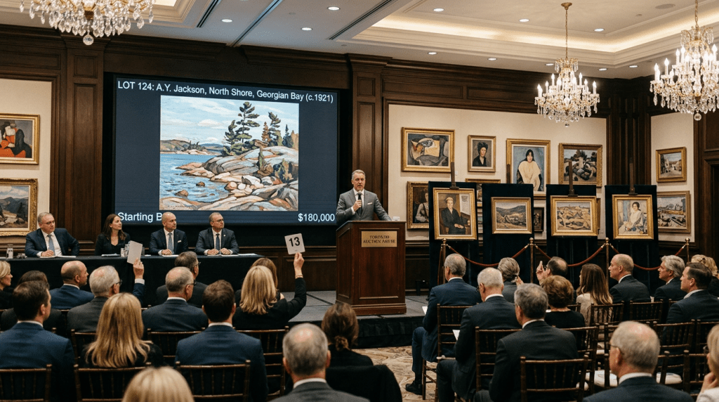 Auctioneer presenting a landscape painting with bidders raising paddles