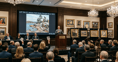 Auctioneer presenting a landscape painting with bidders raising paddles