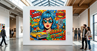 Pop art painting featuring a blue-haired woman, yellow taxi, and comic book words