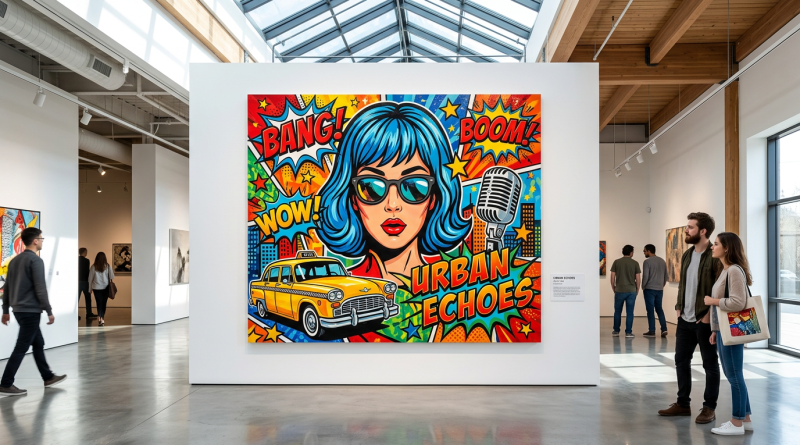 Pop art painting featuring a blue-haired woman, yellow taxi, and comic book words
