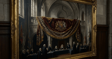 Painting of judges in robes seated and standing around a large table in an ornate courtroom
