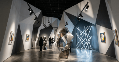 Gallery space with geometric sculptures and abstract paintings on angular walls